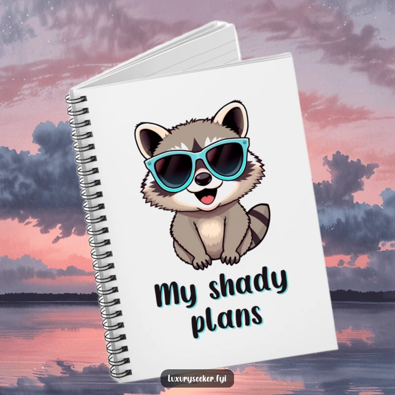 Funny Raccoon Notebook with a delighted raccoon wearing oversized diamond sunglasses, ideal for journaling or sketching, a humorous and practical gift.