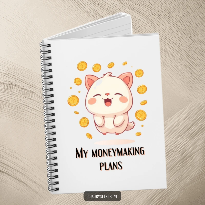 Funny notebook featuring a happy creature sighing contentedly, surrounded by floating golden coins, perfect for humorous record-keeping.