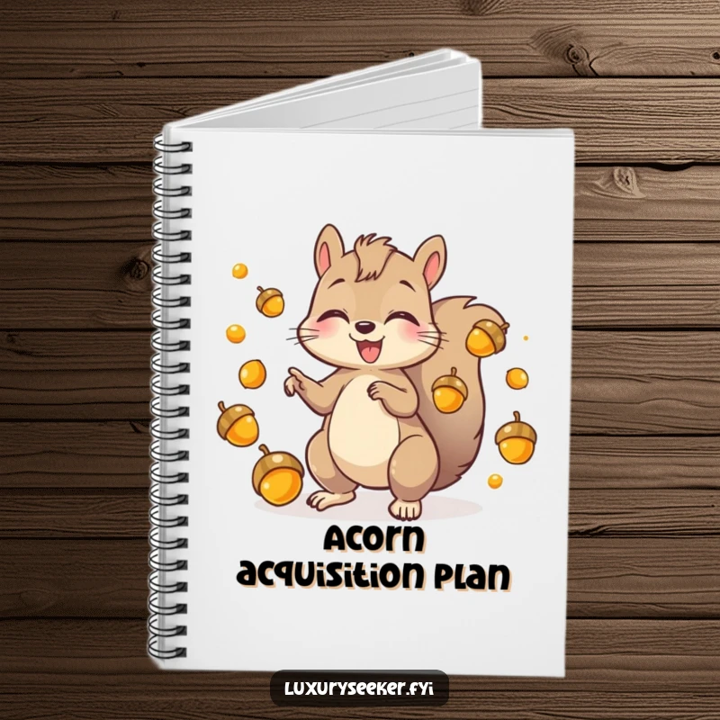 Funny Notebook with a playful squirrel character juggling shiny golden acorns, inspiring energetic and humorous note-taking.
