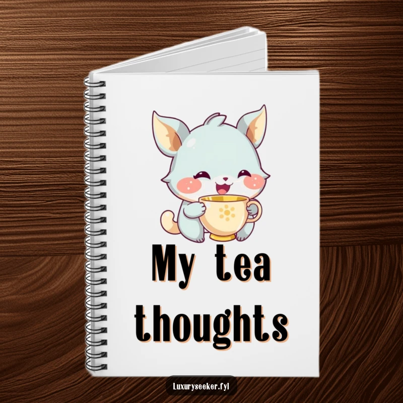 Funny notebook cover featuring a joyful creature with a knowing smile sipping from a tiny golden teacup, encouraging thoughtful writing.