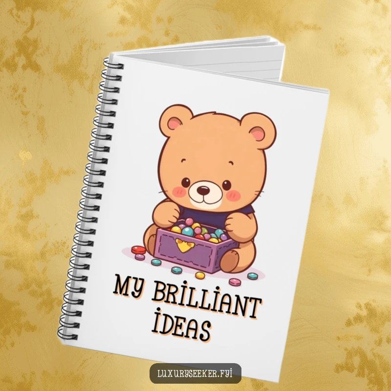 Funny Bear Notebook featuring a curious bear captivated by a miniature jewelry box overflowing with sparkling treasures, perfect for notes.
