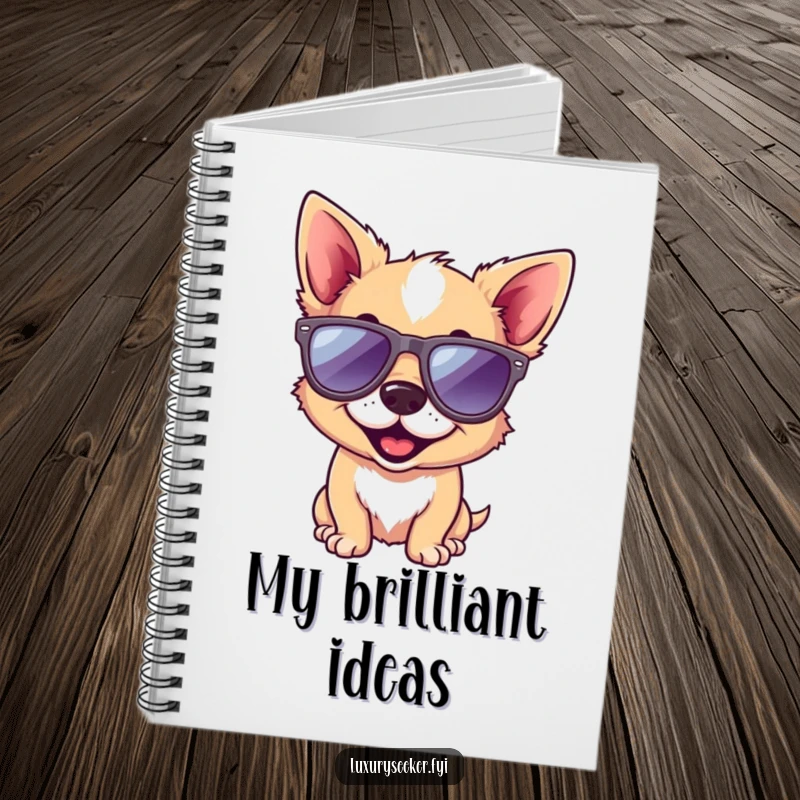 Funny dog notebook with a playful dog wearing miniature designer sunglasses, ideal for notes, journaling, and creative writing with a humorous theme.