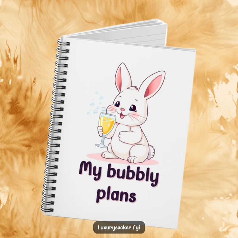 Funny notebook: A happy bunny holding a small champagne flute with bubbly, ideal for journaling party ideas with humor.