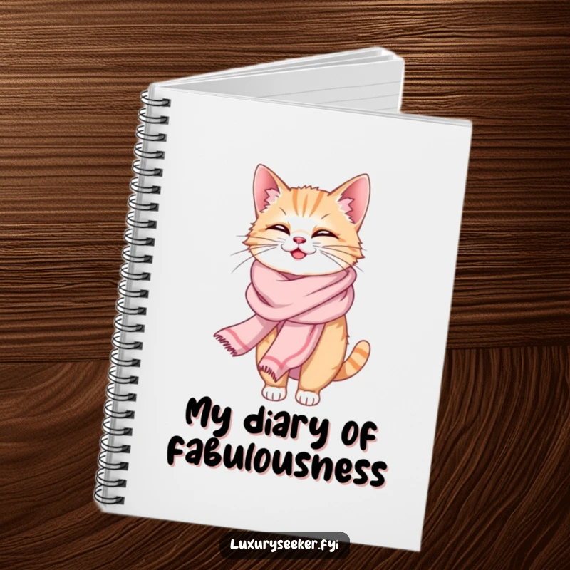 Funny notebook with a giggling cat wearing a flowing silk scarf, perfect for stylishly jotting down witty ideas.