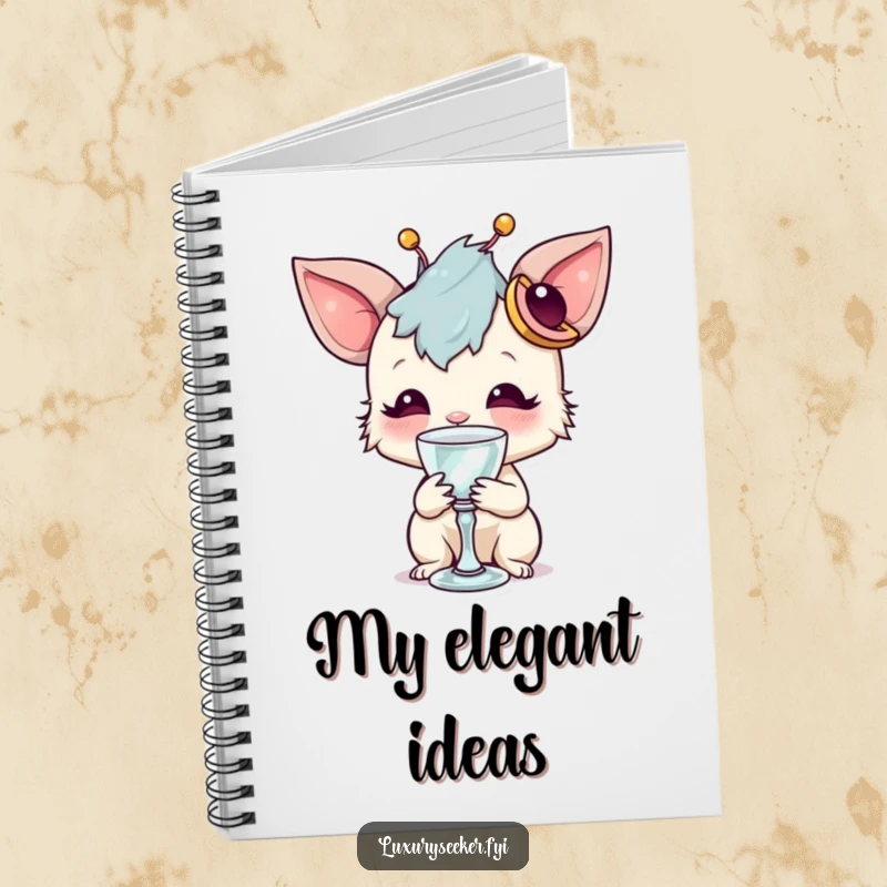Funny notebook featuring a whimsical creature with a unique accessory sipping from a tiny crystal goblet, perfect for humorous journaling.