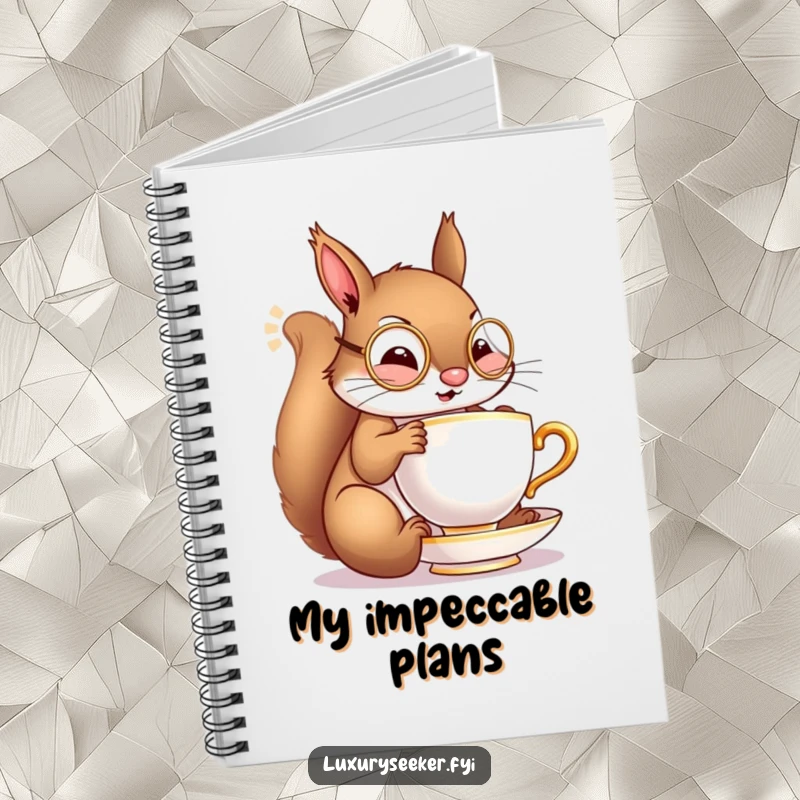 Funny notebook featuring a cheerful squirrel with a monocle, sipping from a miniature golden teacup, ready for your refined notes.