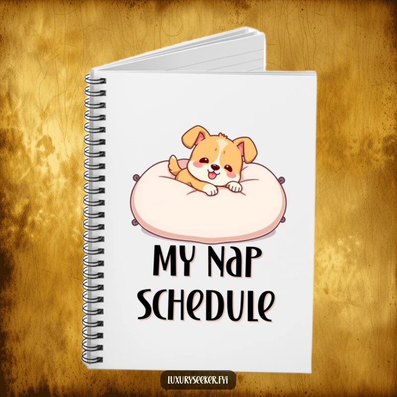 Funny Notebook with a cheerful dog character lounging on a giant velvet pillow, inspiring calm and humorous note-taking.