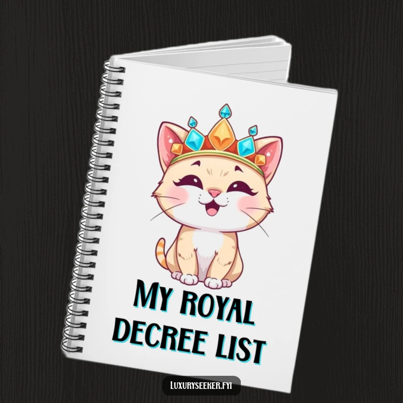 Funny Notebook with a happy cat character wearing an oversized, jeweled crown, inspiring creative and humorous note-taking.