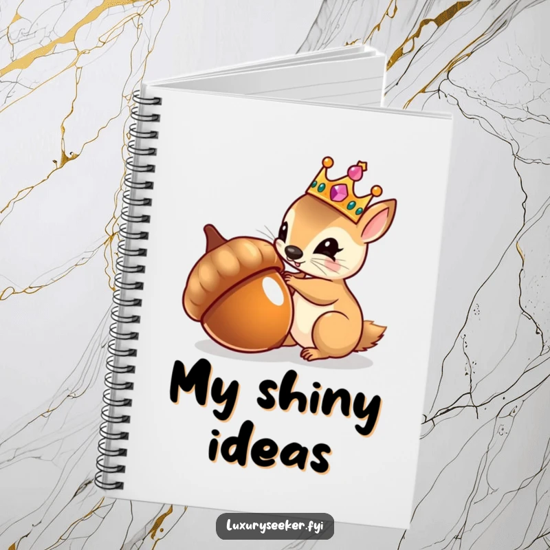 Funny notebook featuring a tiny squirrel in a jeweled crown admiring its reflection in a polished acorn, perfect for notes.