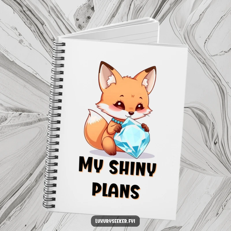 Funny notebook with a curious fox character admiring a large, sparkling diamond necklace, inspiring creative and humorous note-taking.