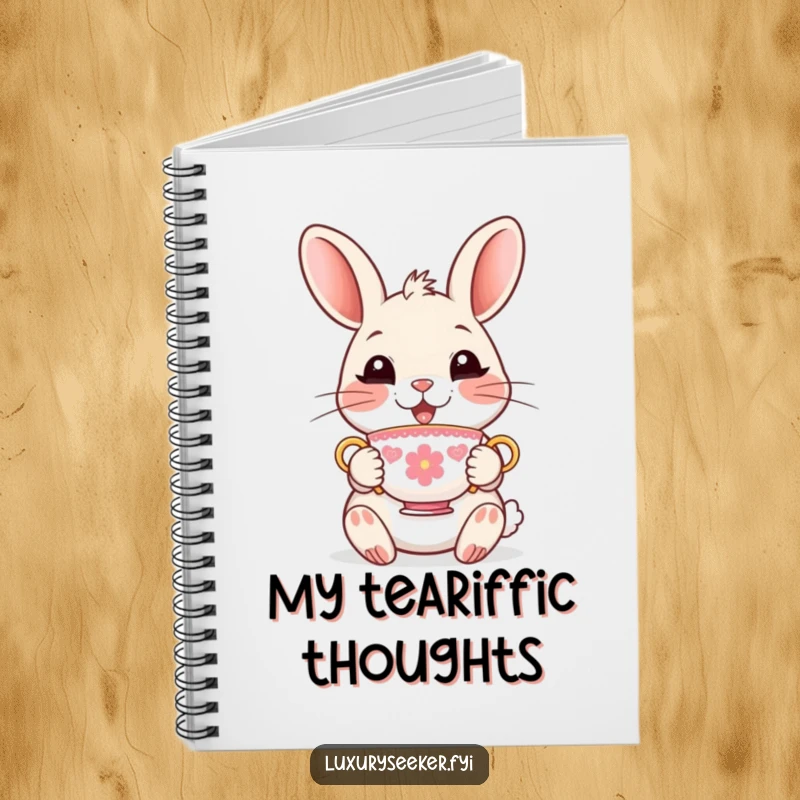 Funny Notebook with a delighted rabbit character holding a tiny, ornate teacup, inspiring elegant and humorous note-taking.