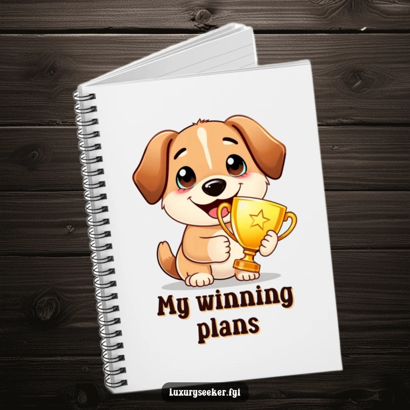 Funny Notebook: A proud dog holds a golden trophy with a wide smile, ideal for note-taking with a touch of champion spirit.