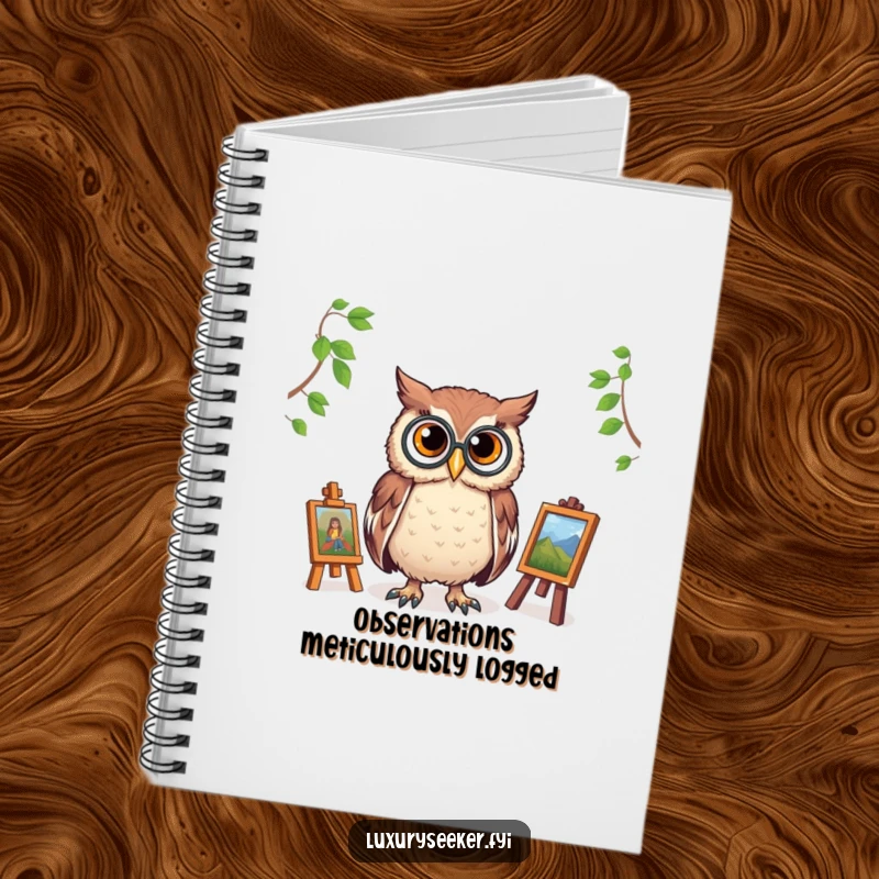 Funny notebook cover featuring a proud owl with a monocle, surveying a miniature art gallery, designed for jotting down notes with cultured humor.