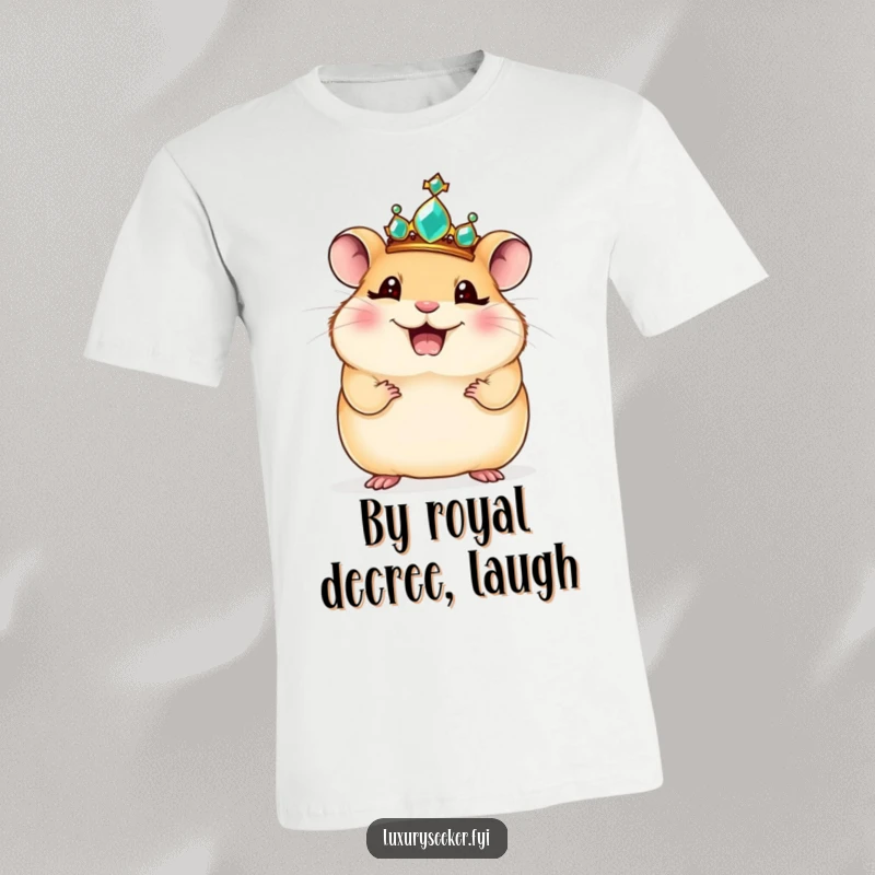Funny t-shirt: A giggling hamster strikes a proud, regal pose while wearing a small, ornate jeweled crown.