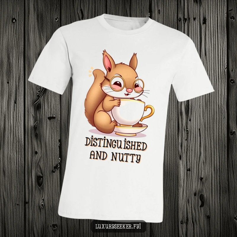Funny t-shirt with a cheerful squirrel sporting a tiny monocle, delicately sipping from a miniature golden teacup, exuding refined charm.