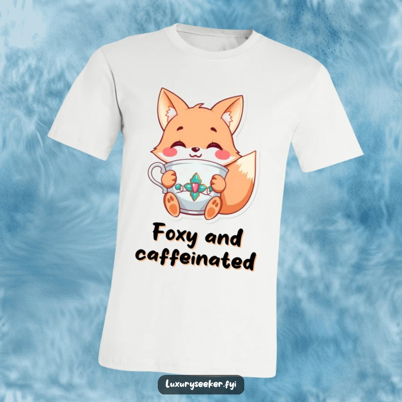 Funny t-shirt featuring a joyful fox character holding a fancy, jeweled teacup with a smile, exuding sophisticated and cheerful vibes.