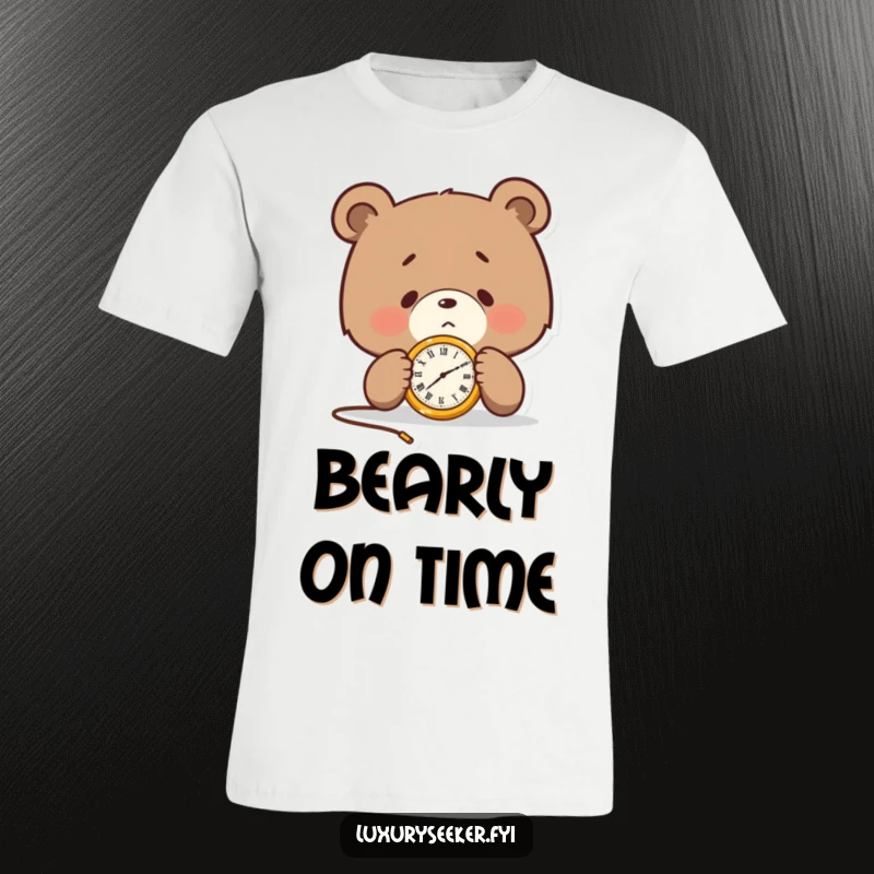 Funny t-shirt with a determined bear character meticulously checking a tiny golden pocket watch, conveying a sense of urgency and focus.