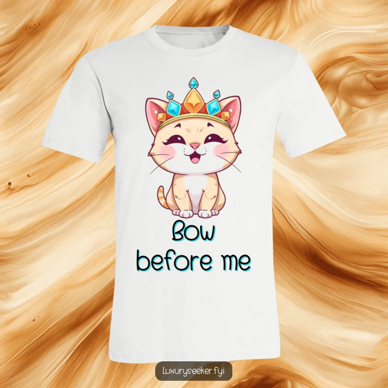 Funny T-Shirt of a happy cat character trying on a large, jeweled crown, looking both majestic and hilariously out of place.
