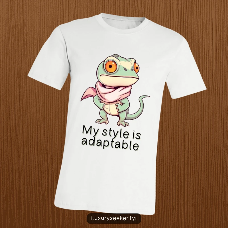 Funny chameleon in a flowing silk scarf, exuding confidence and sass on a t-shirt, a perfect funny gift.