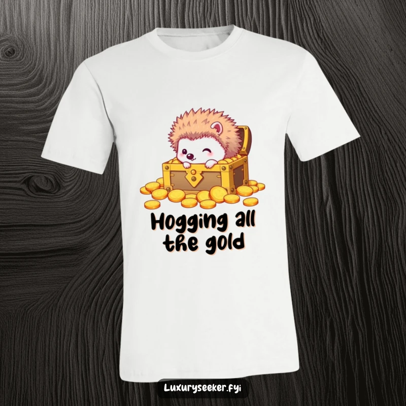 Funny t-shirt with a curious hedgehog looking into a treasure chest overflowing with gold coins, expressing wonder and excitement.