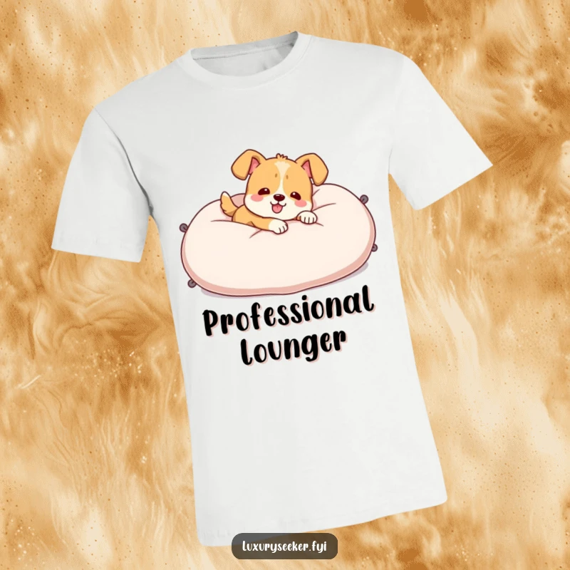 Funny T-Shirt of a cheerful dog character sprawled luxuriously on a massive, plush velvet pillow, looking utterly relaxed.