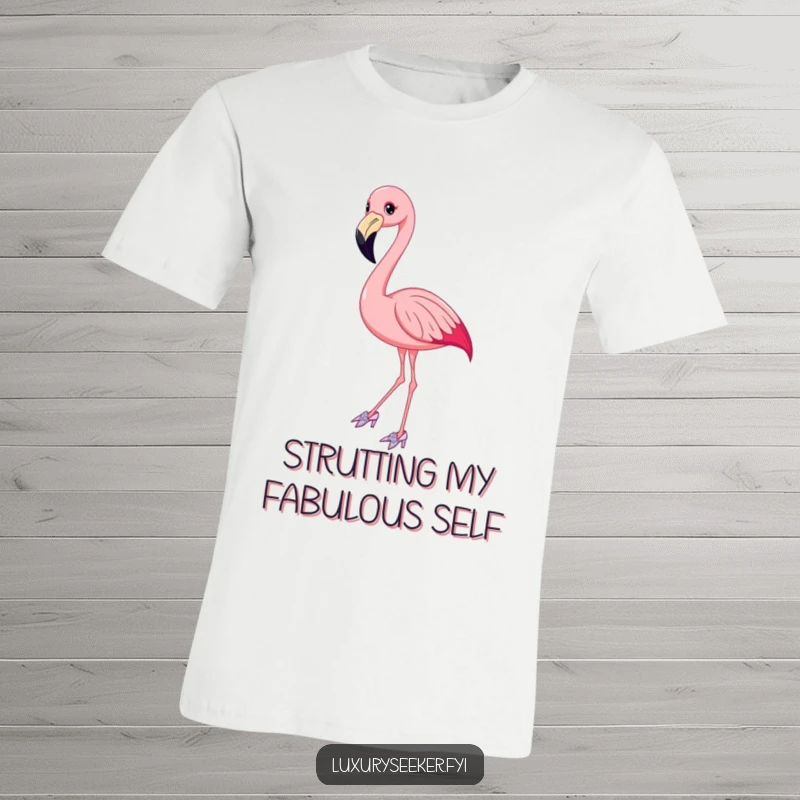Funny Flamingo T-Shirt of a smiling bird gracefully posing in elegant, sparkling high heels, exuding charm.