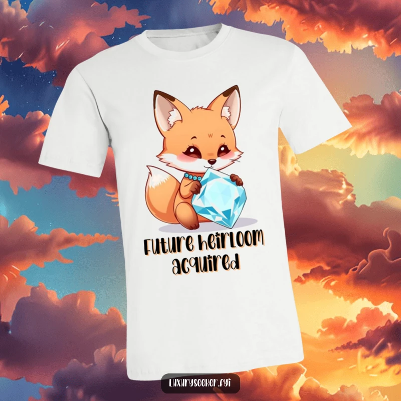 Funny t-shirt showcasing a curious fox character captivated by a large, sparkling diamond necklace, expressing desire and delight.