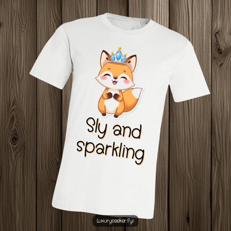 Funny Fox Tiara T-Shirt: A joyful fox character holding a miniature, sparkling tiara high, exuding happiness and glamorous charm.