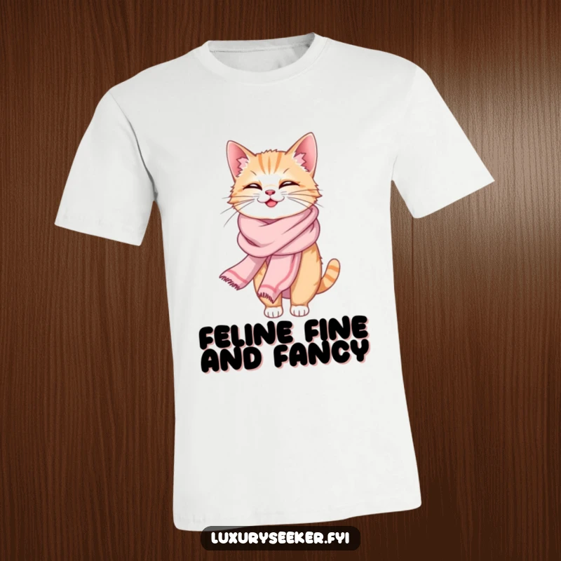 Funny t-shirt showcasing a giggling cat luxuriously draped in a flowing silk scarf, exuding playful elegance. A must-have.