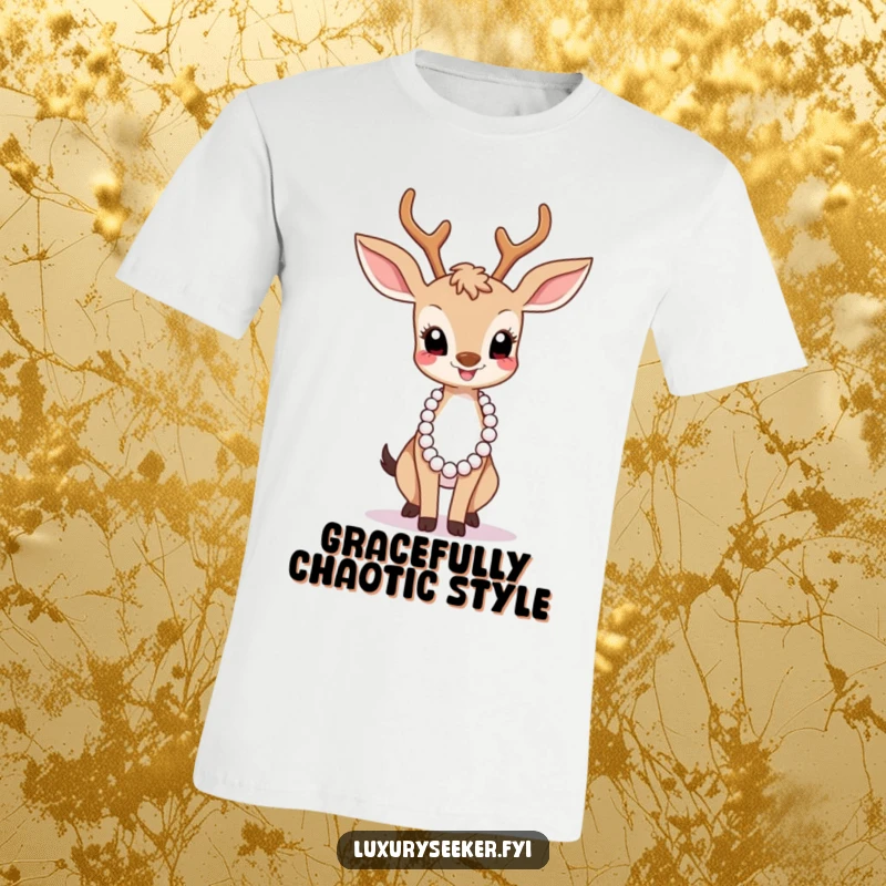 Funny T-Shirt: A graceful deer in a chic pose, wearing a pearl necklace, embodies playful elegance and humor.