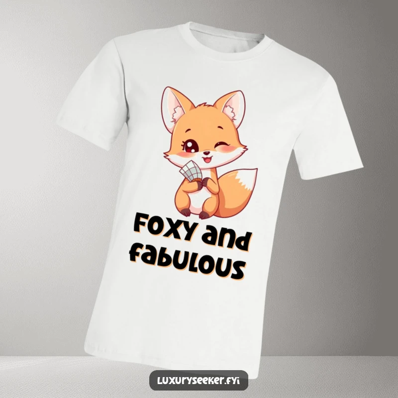 Funny t-shirt with a happy fox holding a delicate fan, glancing back coyly over its shoulder with a playful demeanor.
