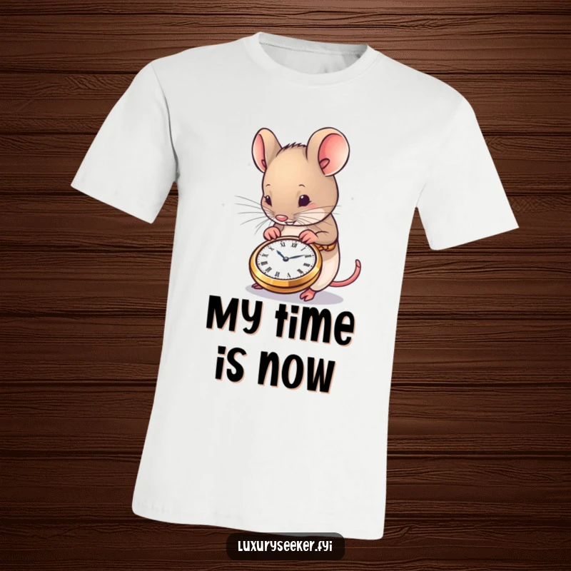 Funny Mouse T-Shirt featuring a content rodent marveling at a tiny, finely crafted pocket watch, perfect for whimsical fashion.