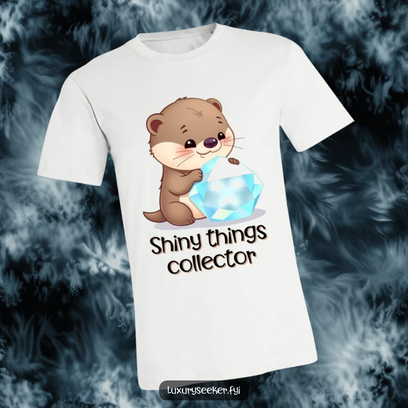 Funny otter t-shirt design of a curious character gazing with wide-eyed wonder at an enormous, glittering gemstone.