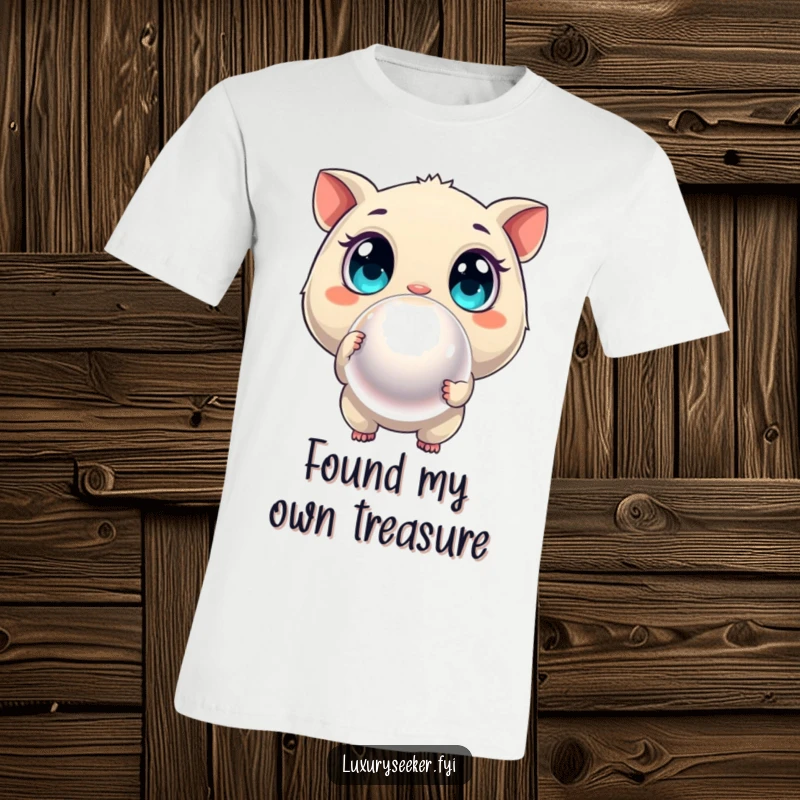 Funny t-shirt showing a curious creature with wide eyes pointing at a large, luminous pearl, symbolizing discovery.