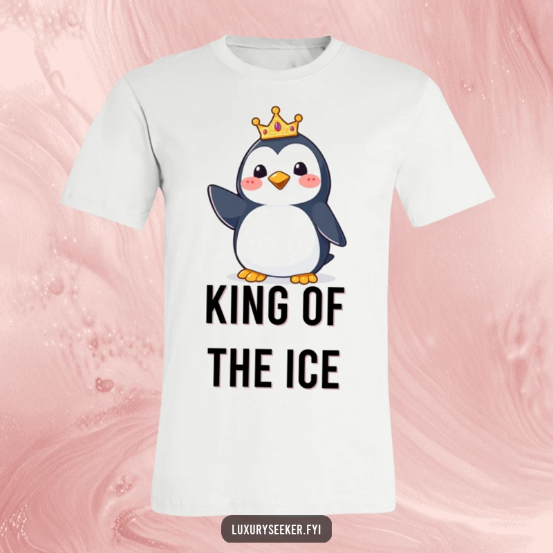 Funny Penguin Crown T-Shirt: A happy penguin character standing tall and proud, wearing a small glittering crown, exuding joyful regal vibes.