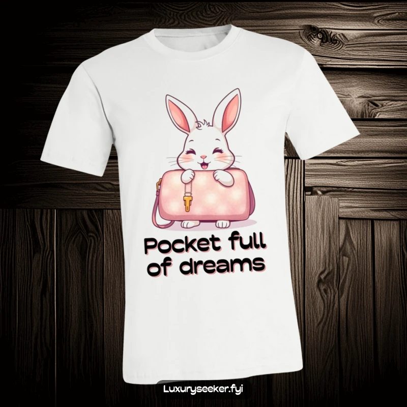 Funny T-Shirt featuring a delighted rabbit closely examining a shimmering, oversized handbag with excitement.