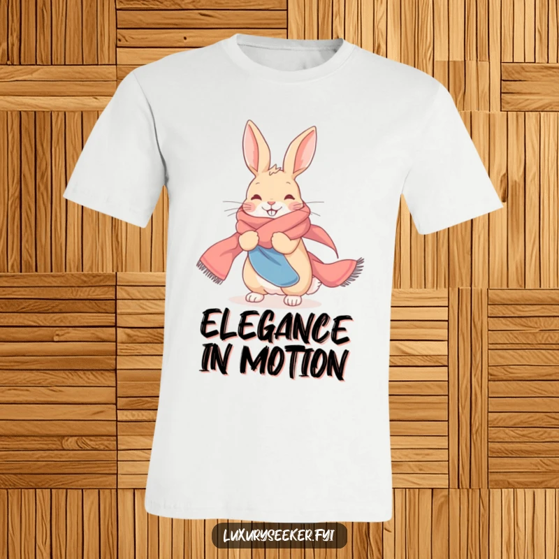 Funny T-Shirt: A delighted rabbit elegantly wrapped in a long, flowing, luxurious silk scarf.