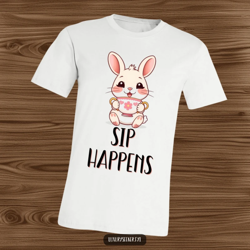 Funny T-Shirt of a delighted rabbit character holding a small, ornate teacup, radiating a sense of gentle joy and sophisticated humor.