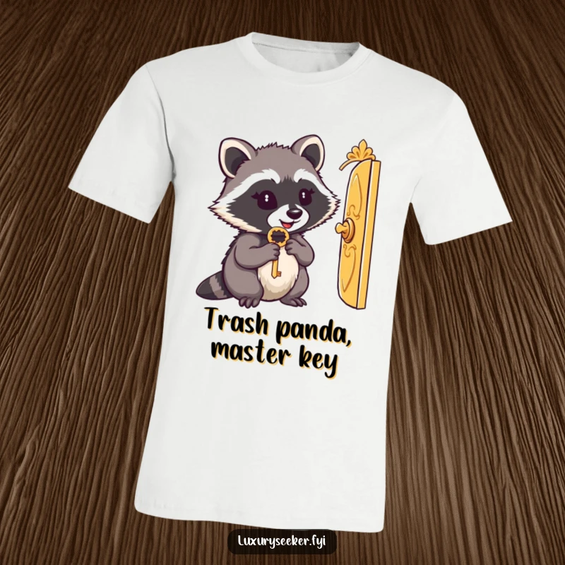 Funny t-shirt: A content raccoon holds a small key, looking curiously through a miniature, ornate golden door.