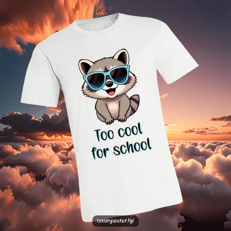 Funny Raccoon T-Shirt showcasing a delighted raccoon sporting ridiculously large, glittering diamond sunglasses, exuding confidence and coolness.