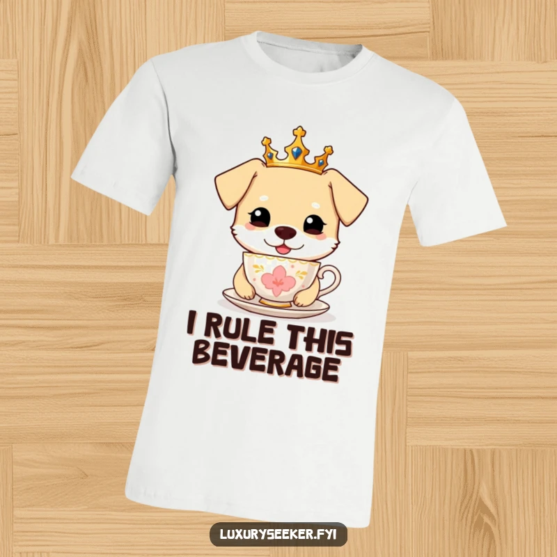 Funny T-Shirt: A cheerful dog adorned with a tiny crown, elegantly sipping from a golden teacup.