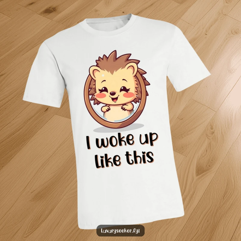 Funny Hedgehog T-Shirt: A happy hedgehog gazes into a mirror, admiring its reflection with a big smile, perfect for casual wear.