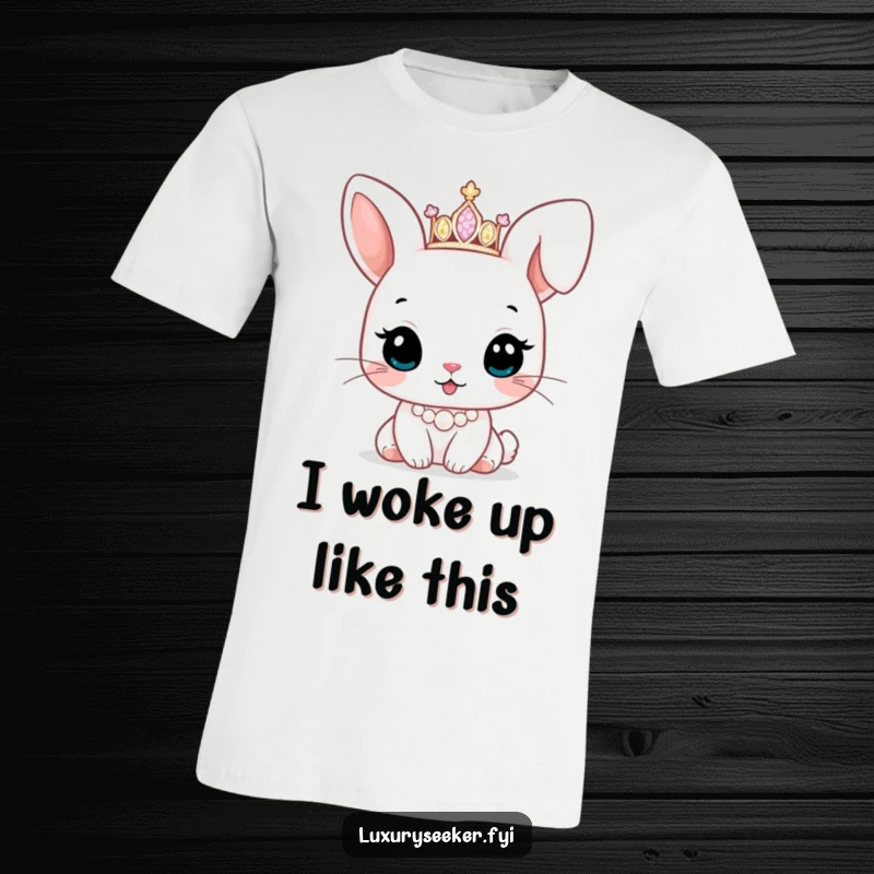 Funny t-shirt featuring a cute bunny character adorned with a tiny sparkling tiara and a pearl necklace, showcasing regal cuteness.