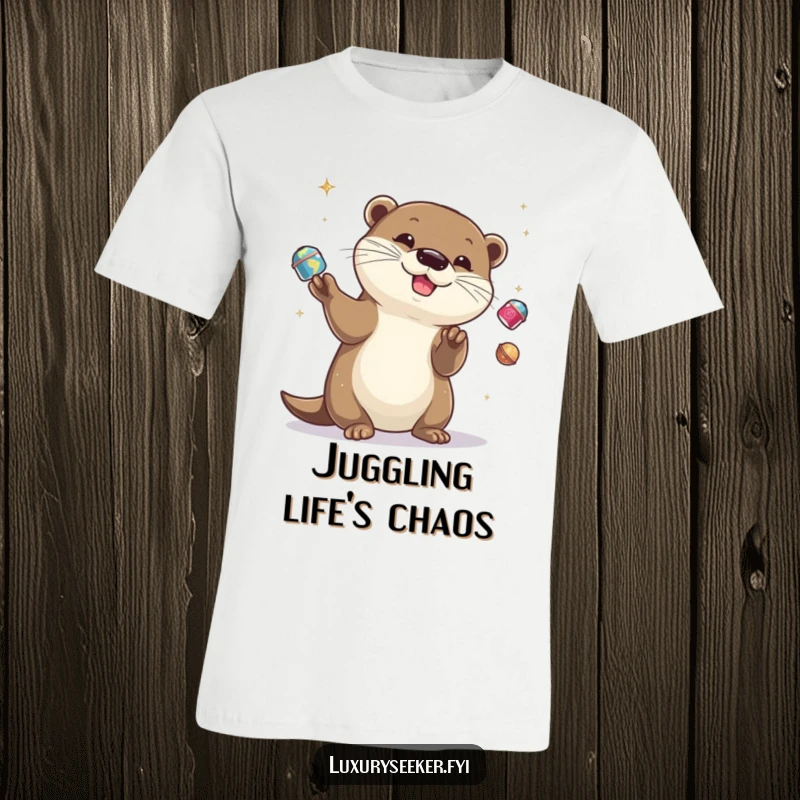 Funny playful otter juggling miniature glittering objects on a t-shirt, showcasing skill and fun, a perfect funny gift.