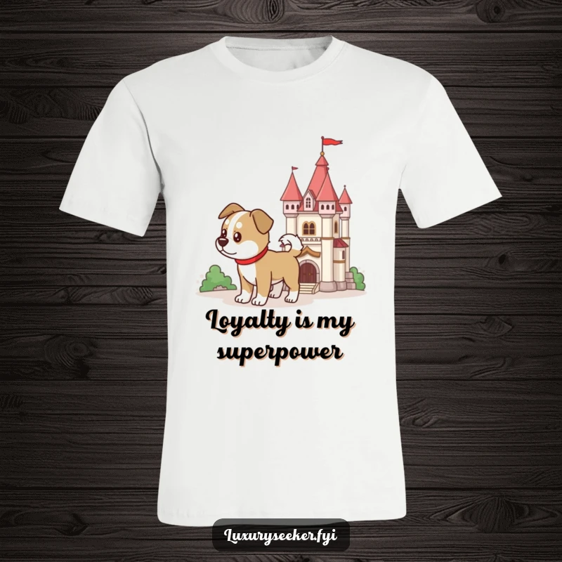 Funny dog with wagging tail beside a miniature ornate castle on a t-shirt, conveying bravery, a perfect funny gift.
