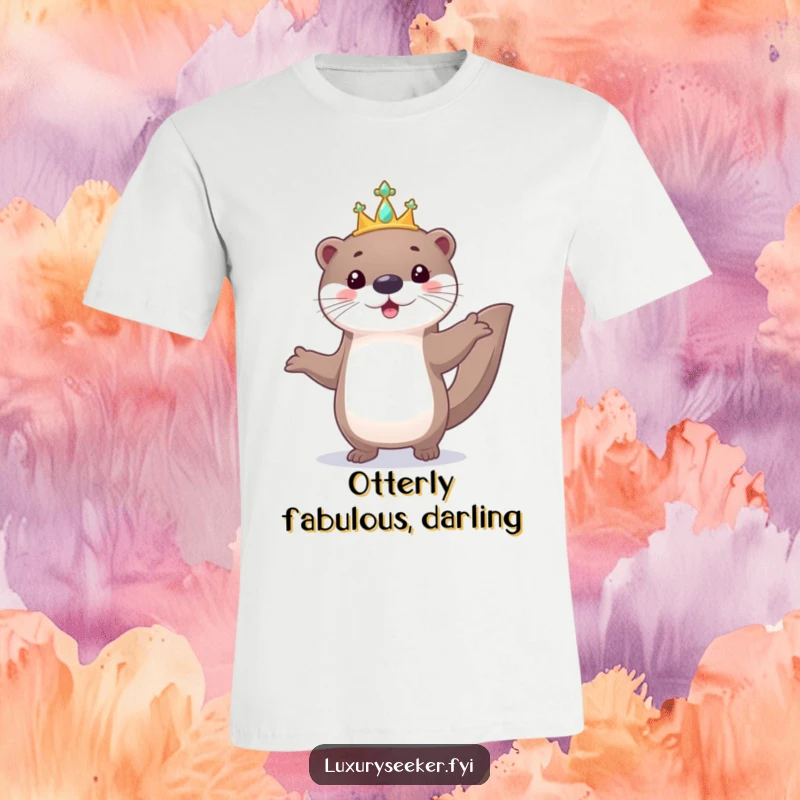 Funny t-shirt graphic: a playful otter struts confidently, adorned with a small, glittering jeweled tiara.