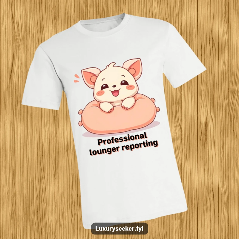 Funny t-shirt showcasing a delighted creature with a happy sigh, lounging lazily on a plush velvet cushion, radiating pure joy.