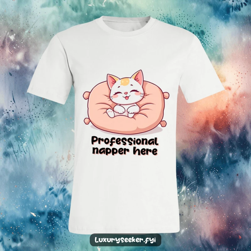 Funny t-shirt featuring a happy cat character lounging luxuriously on a plush, oversized velvet cushion, embodying ultimate relaxation.