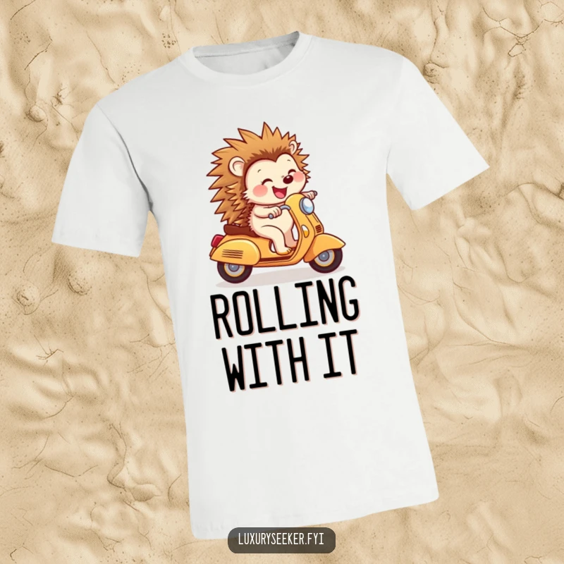 Funny T-Shirt: A joyful hedgehog rides a tiny golden scooter with a confident smile, a humorous and uplifting design for all ages.