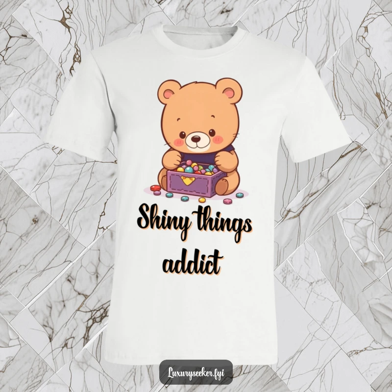 Funny Bear T-Shirt featuring a curious bear gazing with wonder at a miniature, overflowing jewelry box brimming with dazzling jewels.
